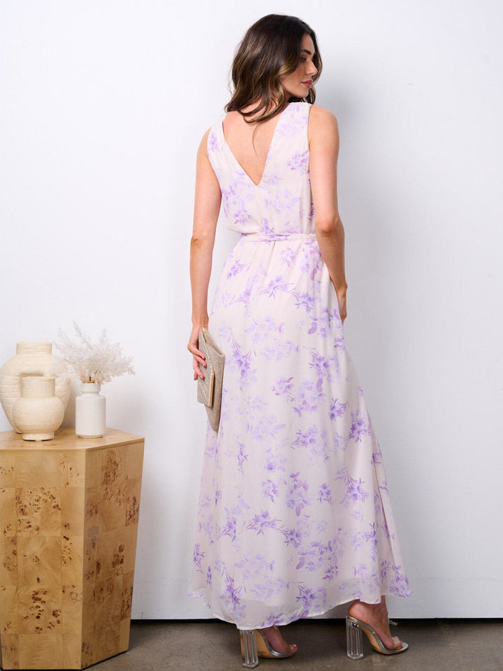 WOMEN'S SLEEVELESS V-NECK SELF TIE FLORAL MAXI DRESS