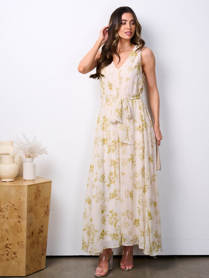 WOMEN'S SLEEVELESS V-NECK SELF TIE FLORAL MAXI DRESS
