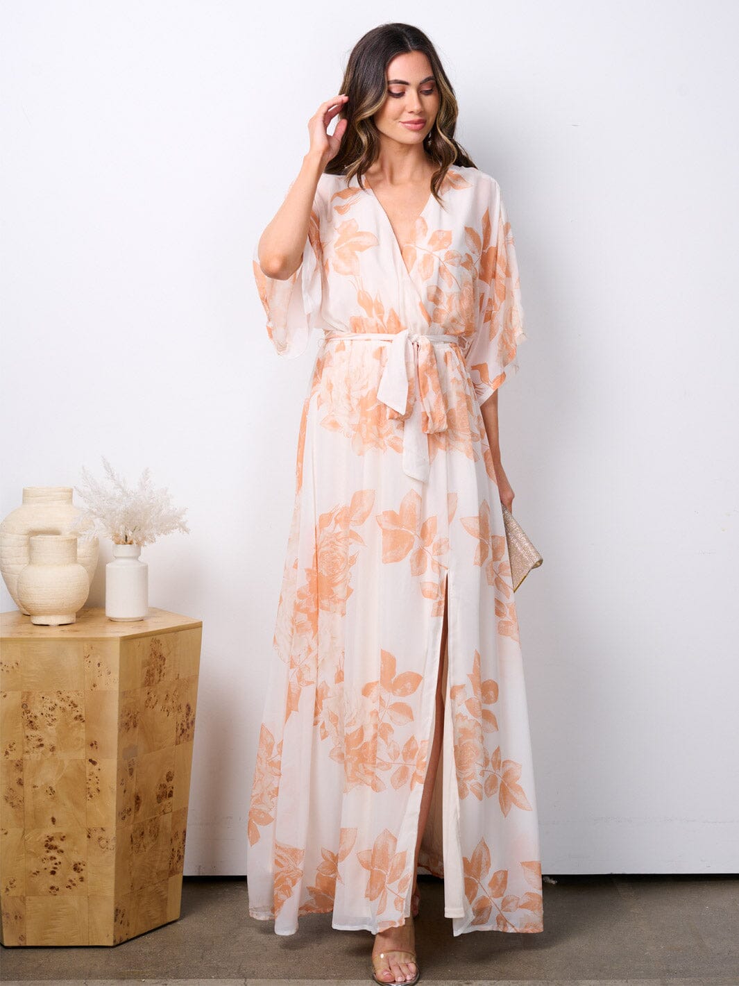 WOMEN'S SHORT SLEEVE SURPLICE FLORAL PRINT MAXI DRESS
