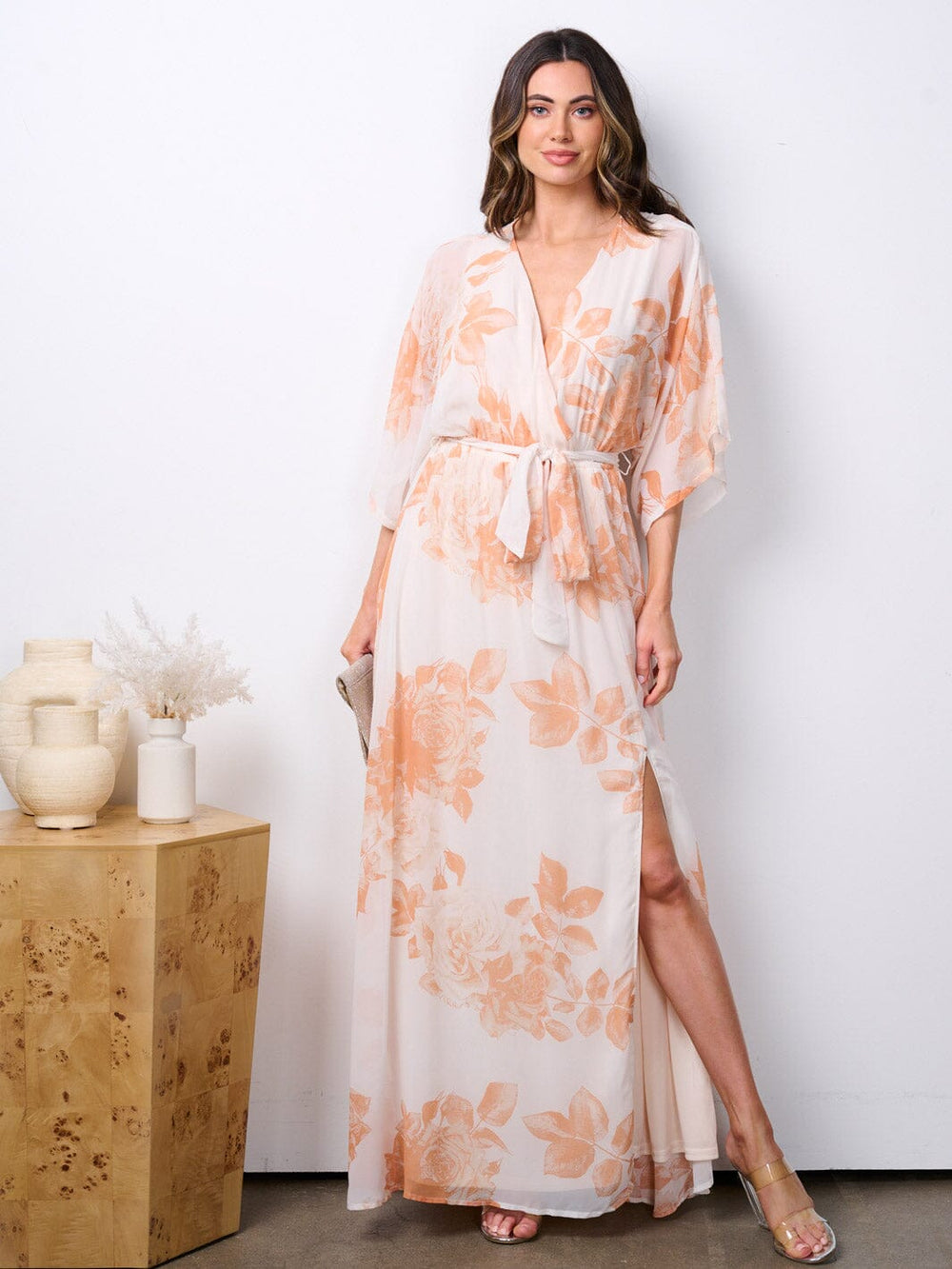 WOMEN'S SHORT SLEEVE SURPLICE FLORAL PRINT MAXI DRESS