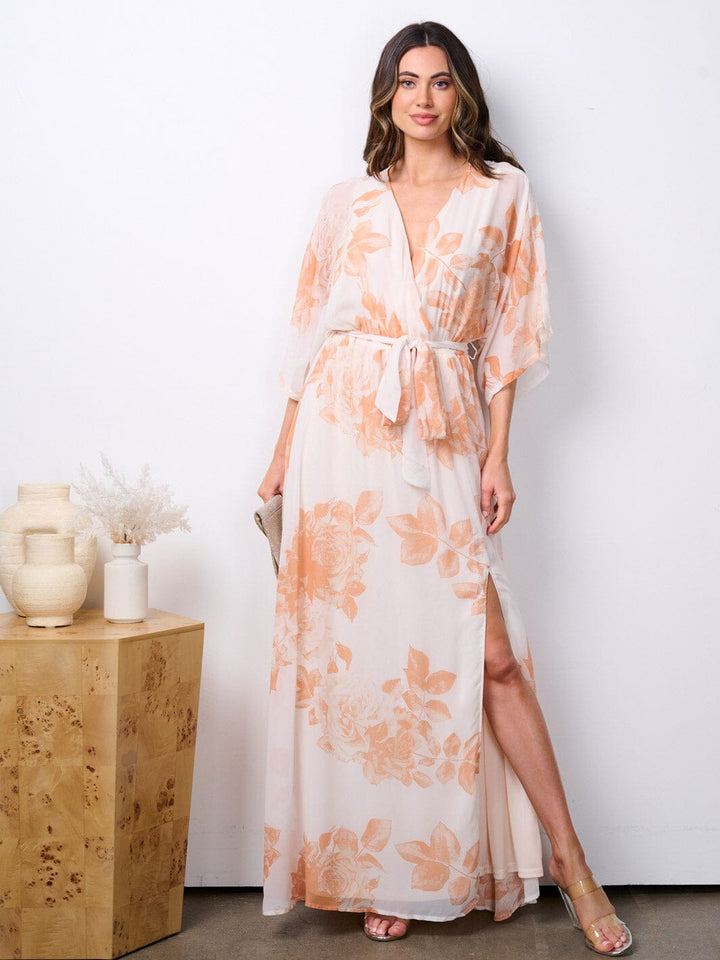 WOMEN'S SHORT SLEEVE SURPLICE FLORAL PRINT MAXI DRESS