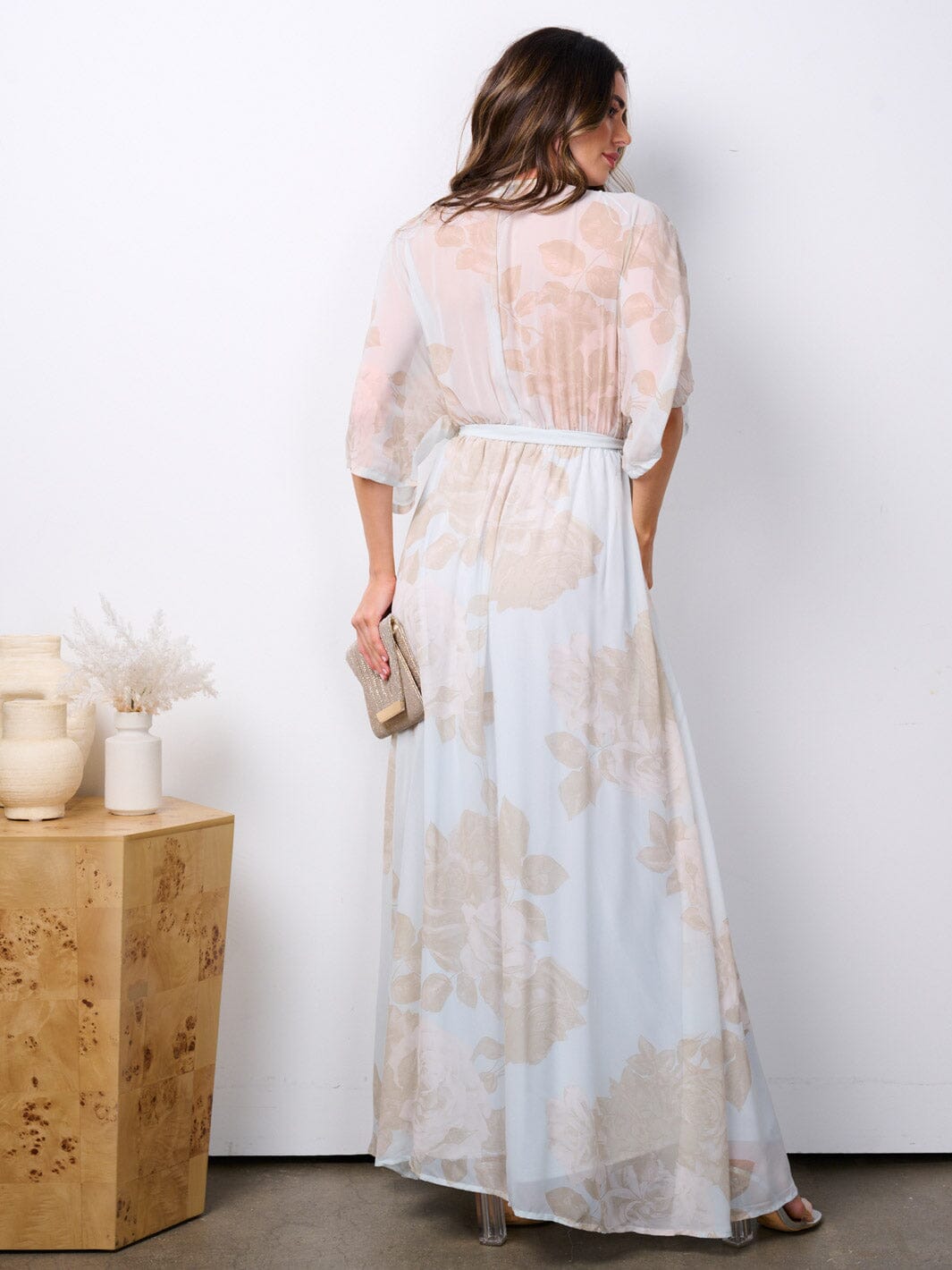 WOMEN'S SHORT SLEEVE SURPLICE FLORAL PRINT MAXI DRESS