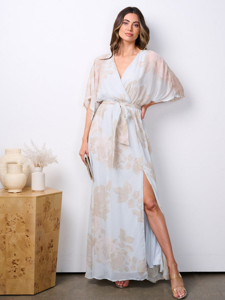 WOMEN'S SHORT SLEEVE SURPLICE FLORAL PRINT MAXI DRESS