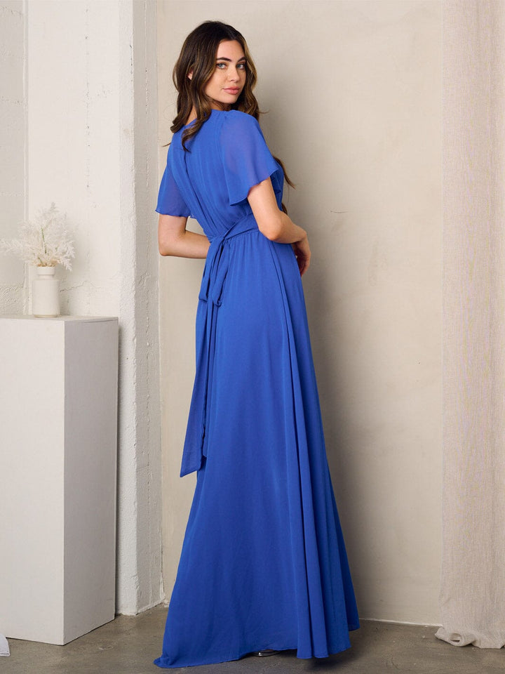 WOMEN'S SHORT SLEEVE SURPLICE SIDE SLIT MAXI DRESS