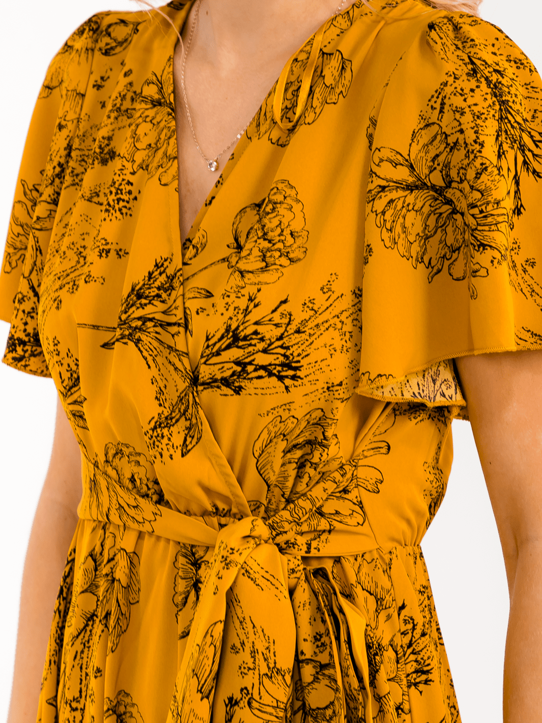 WOMEN'S SHORT SLEEVE SURPLICE ELASTIC WAIST SELF TIE FLORAL MAXI DRESS