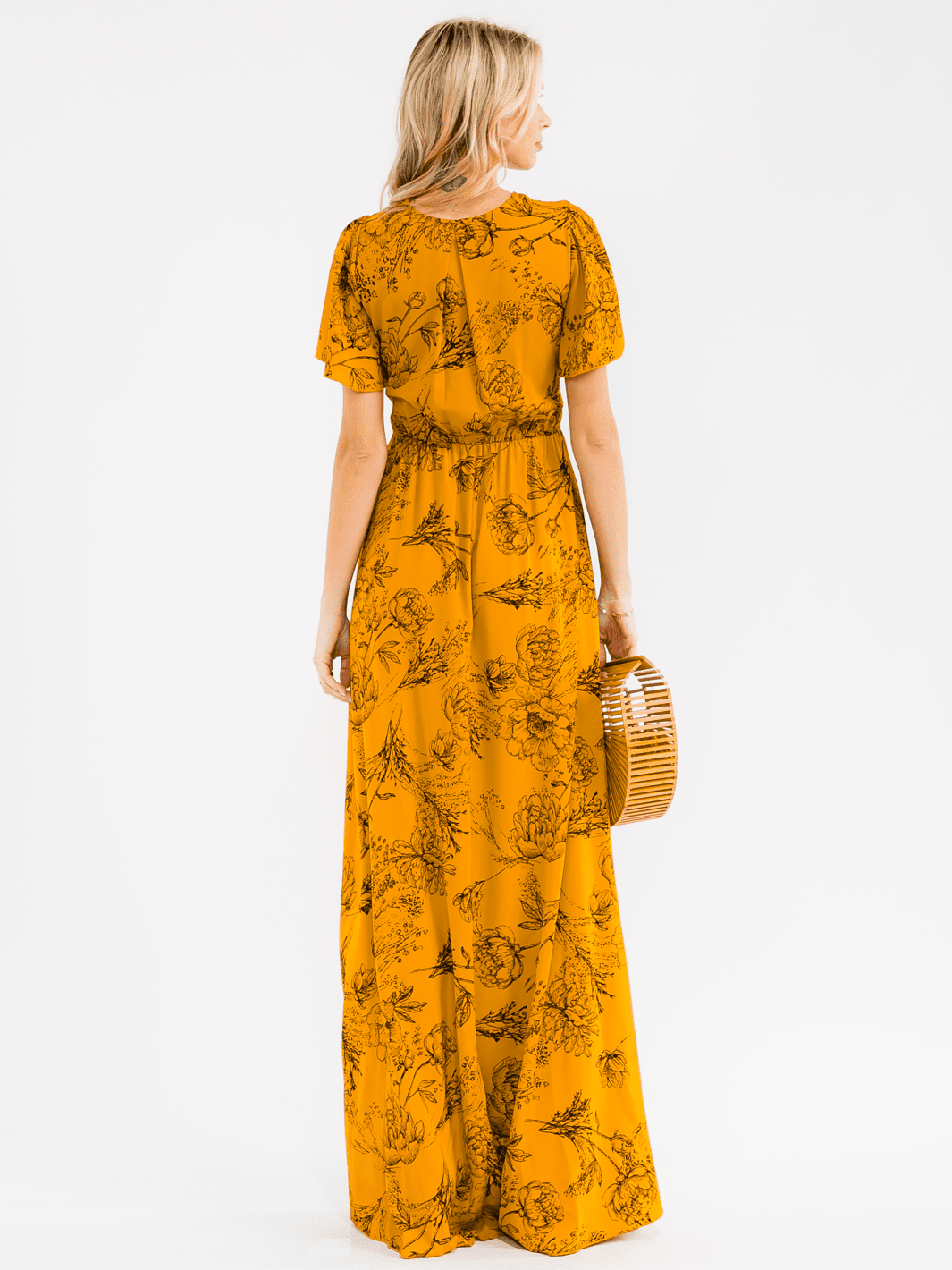 WOMEN'S SHORT SLEEVE SURPLICE ELASTIC WAIST SELF TIE FLORAL MAXI DRESS