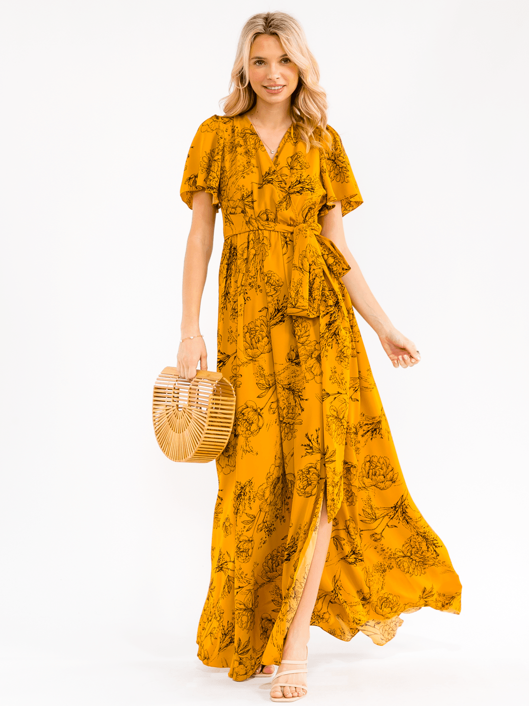 WOMEN'S SHORT SLEEVE SURPLICE ELASTIC WAIST SELF TIE FLORAL MAXI DRESS