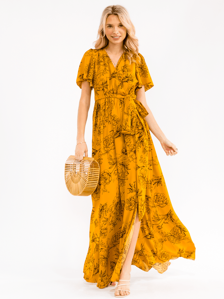 WOMEN'S SHORT SLEEVE SURPLICE ELASTIC WAIST SELF TIE FLORAL MAXI DRESS