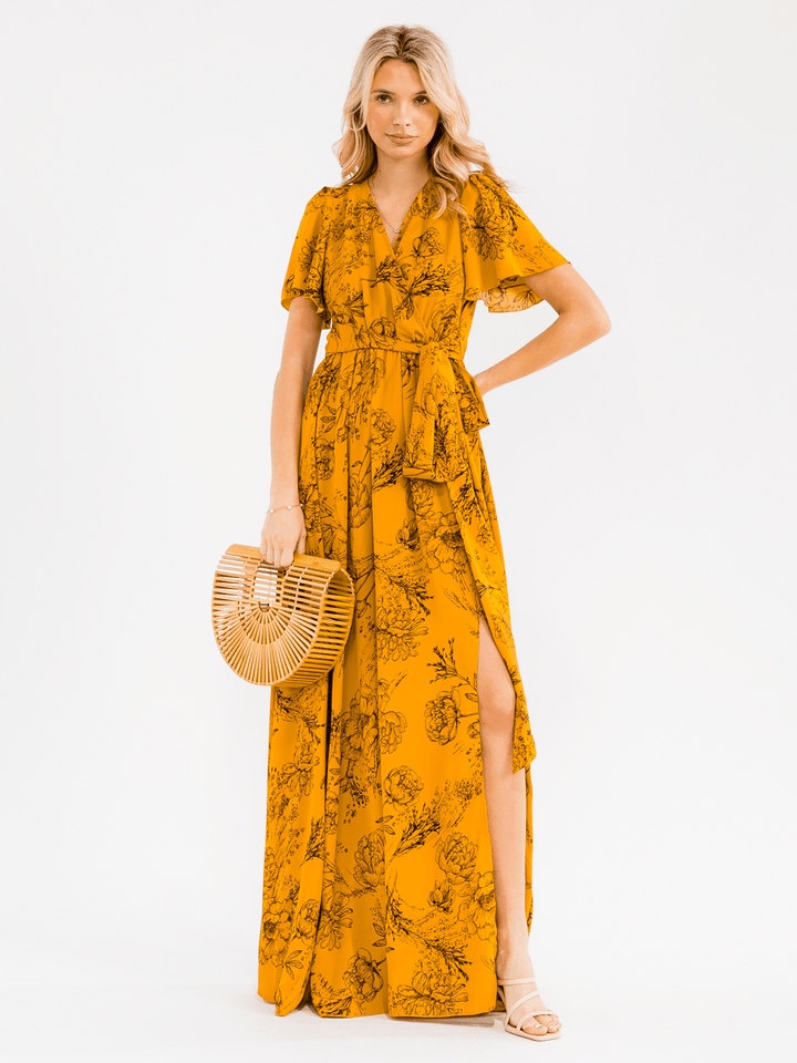 WOMEN'S SHORT SLEEVE SURPLICE ELASTIC WAIST SELF TIE FLORAL MAXI DRESS