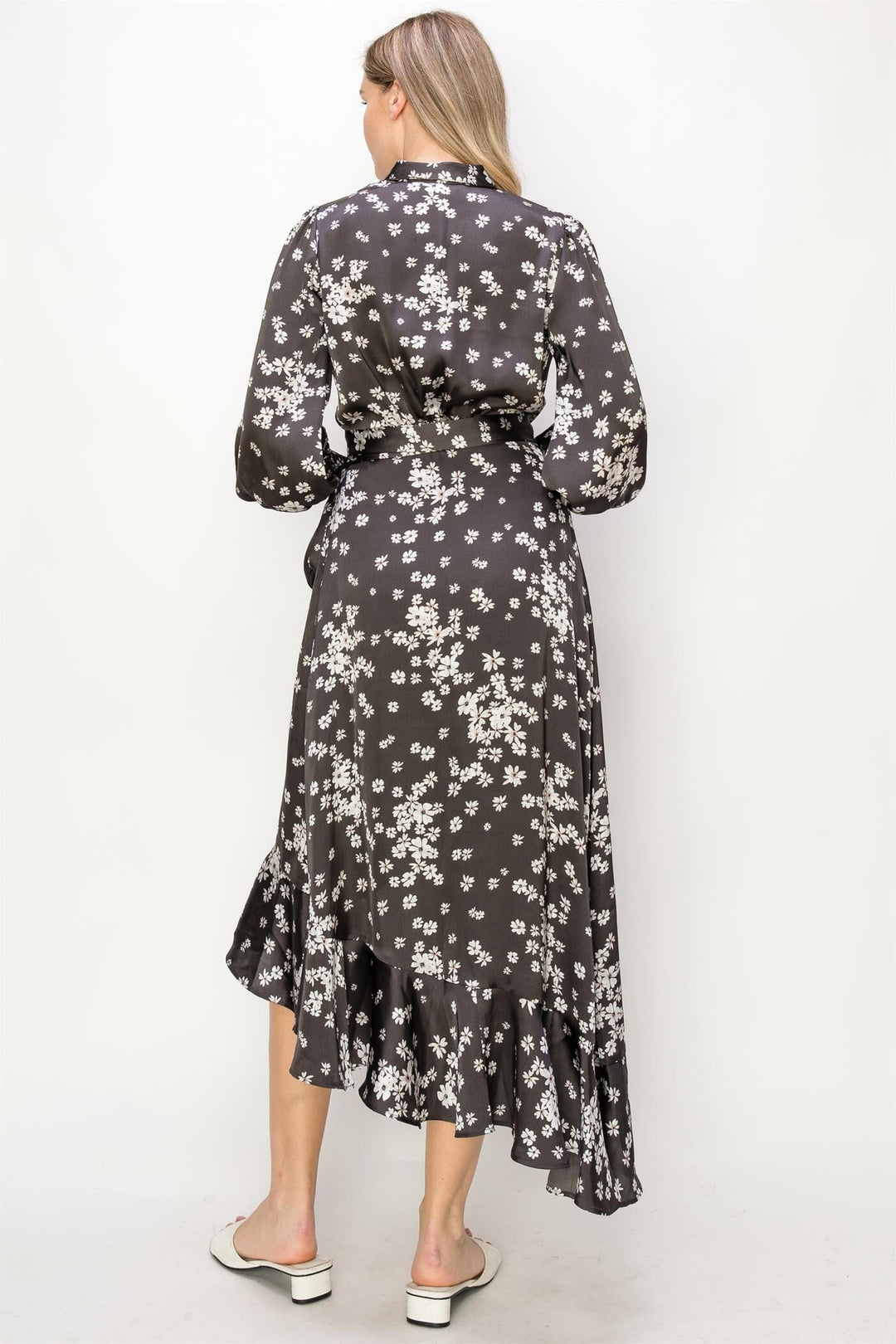 WOMEN'S LONG SLEEVE V-NECK SELF TIE HIGH-LOW FLORAL PRINT WRAP MIDI DRESS