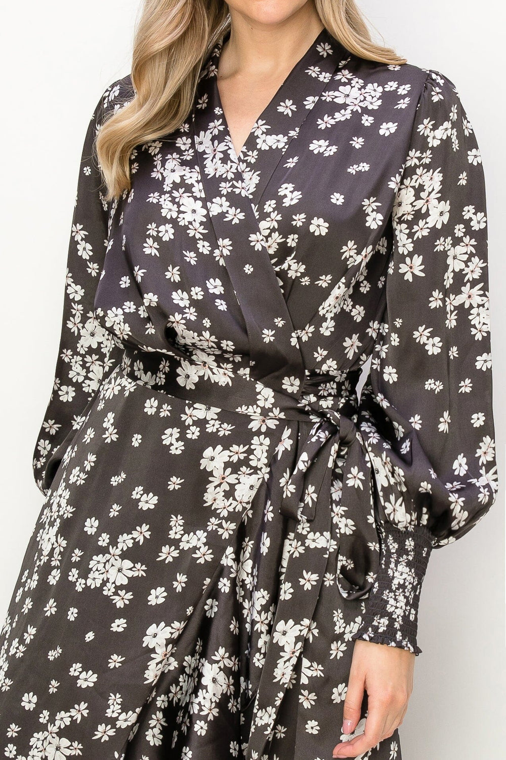 WOMEN'S LONG SLEEVE V-NECK SELF TIE HIGH-LOW FLORAL PRINT WRAP MIDI DRESS