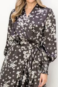 WOMEN'S LONG SLEEVE V-NECK SELF TIE HIGH-LOW FLORAL PRINT WRAP MIDI DRESS