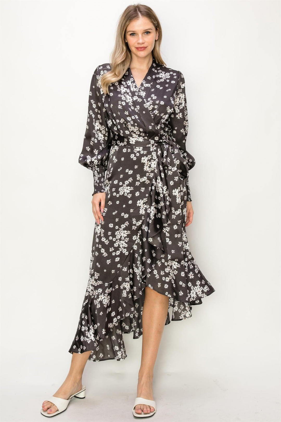 WOMEN'S LONG SLEEVE V-NECK SELF TIE HIGH-LOW FLORAL PRINT WRAP MIDI DRESS
