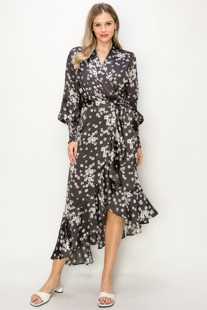 WOMEN'S LONG SLEEVE V-NECK SELF TIE HIGH-LOW FLORAL PRINT WRAP MIDI DRESS