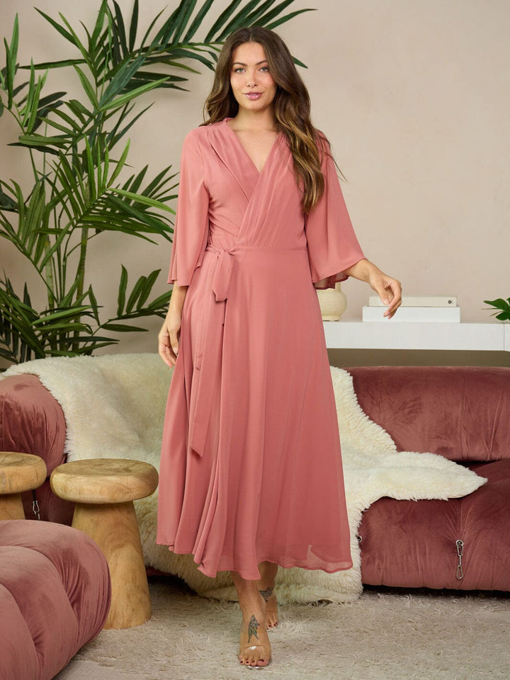 WOMEN'S SHORT SLEEVE SELF TIE WRAP MAXI DRESS