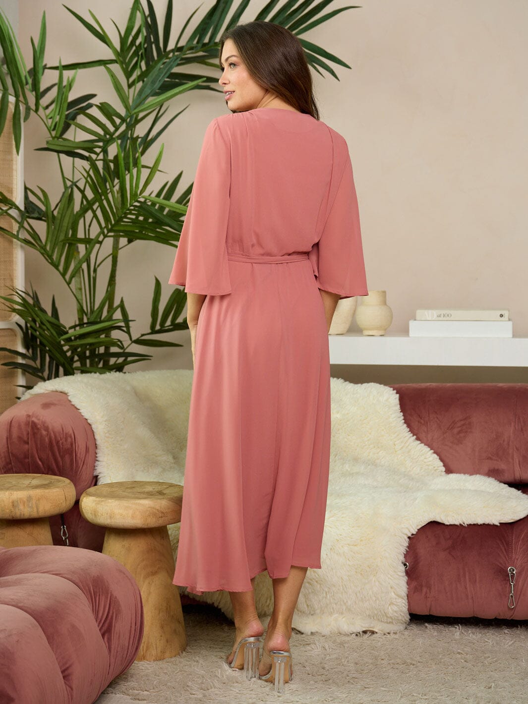 WOMEN'S SHORT SLEEVE SELF TIE WRAP MAXI DRESS