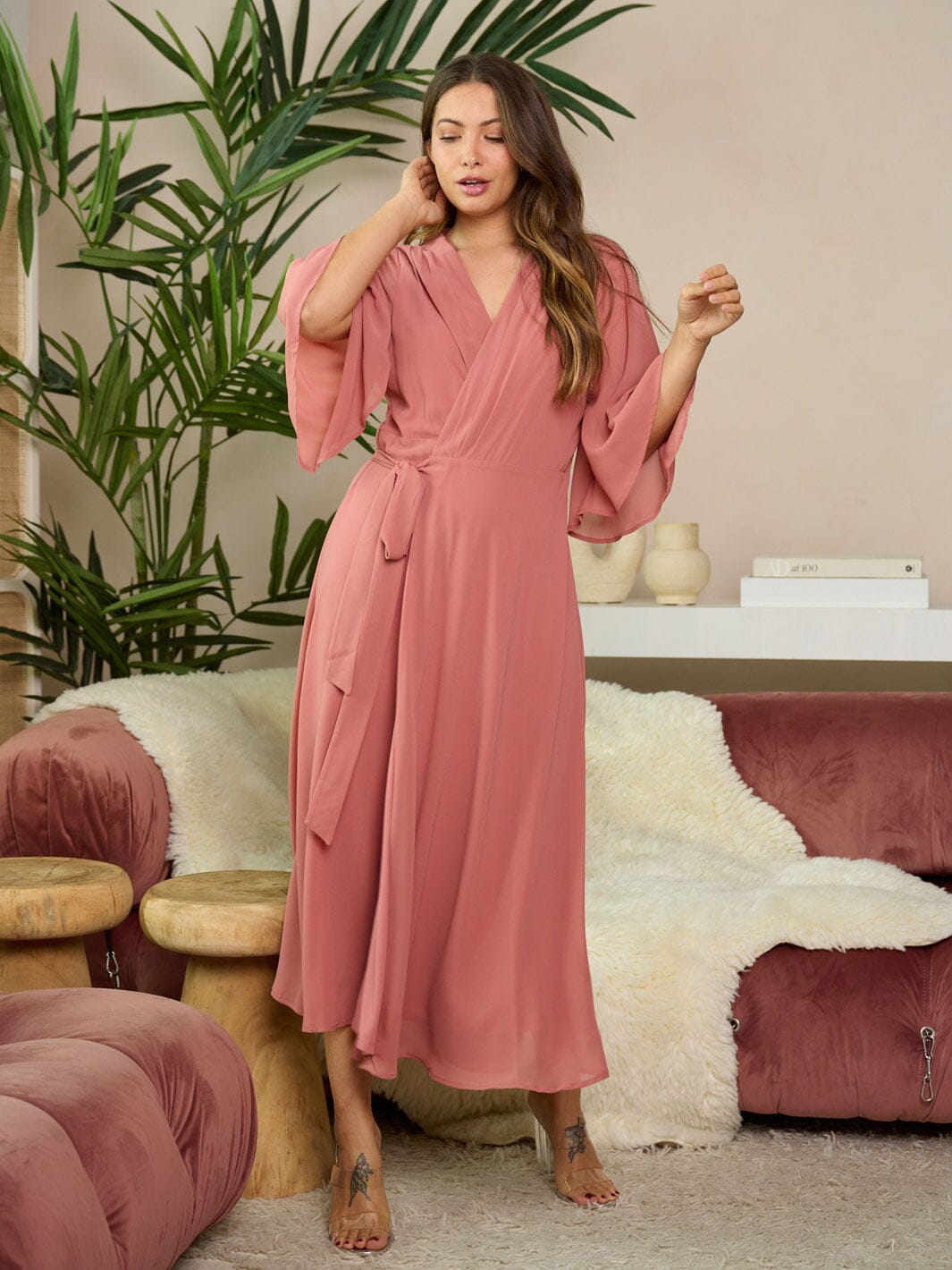 WOMEN'S SHORT SLEEVE SELF TIE WRAP MAXI DRESS