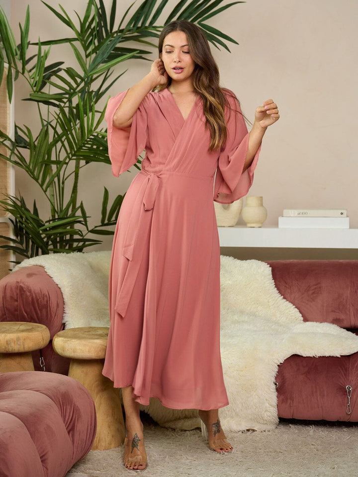 WOMEN'S SHORT SLEEVE SELF TIE WRAP MAXI DRESS