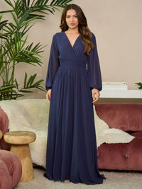 WOMEN'S LONG SLEEVE SURPLICE SMOCK WAIST MAXI DRESS