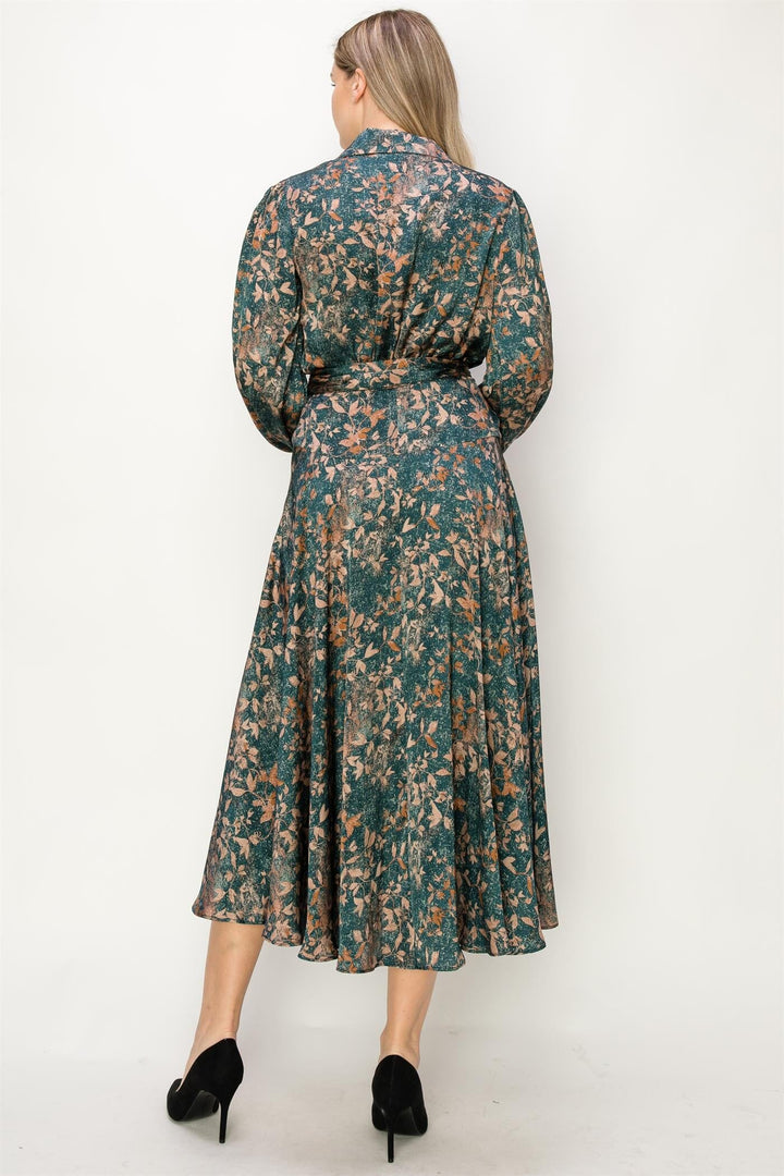 WOMEN'S LONG SLEEVE V-NECK SELF TIE LEAF PRINT WRAP MIDI DRESS