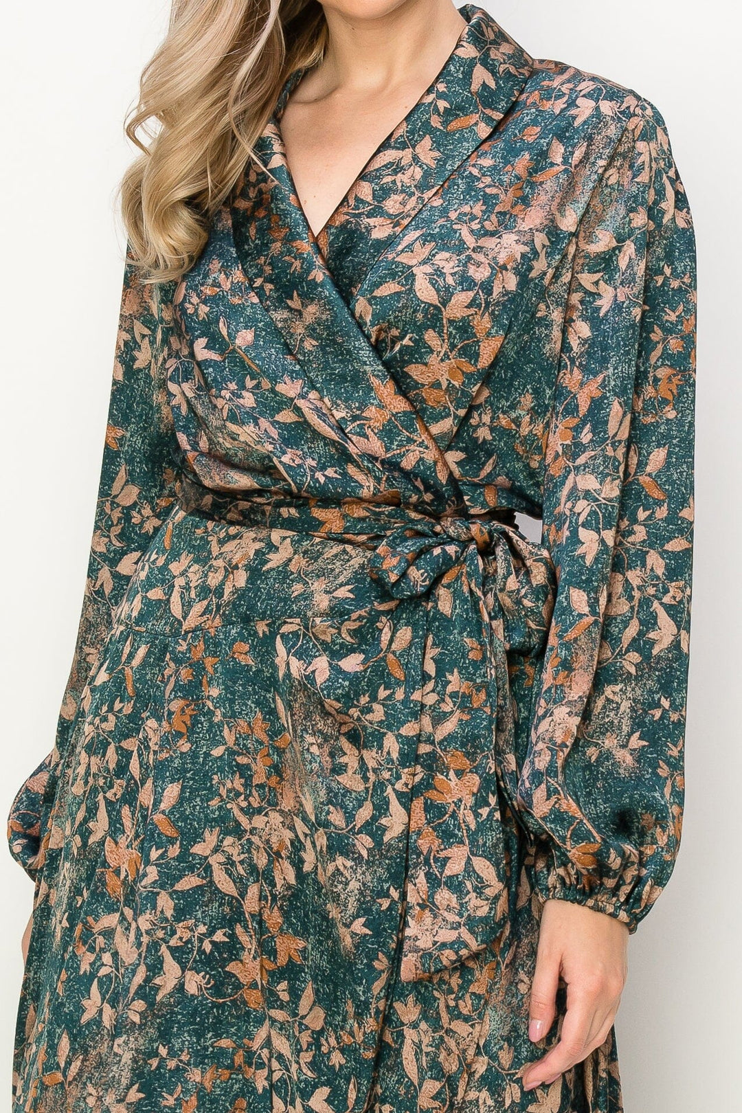 WOMEN'S LONG SLEEVE V-NECK SELF TIE LEAF PRINT WRAP MIDI DRESS