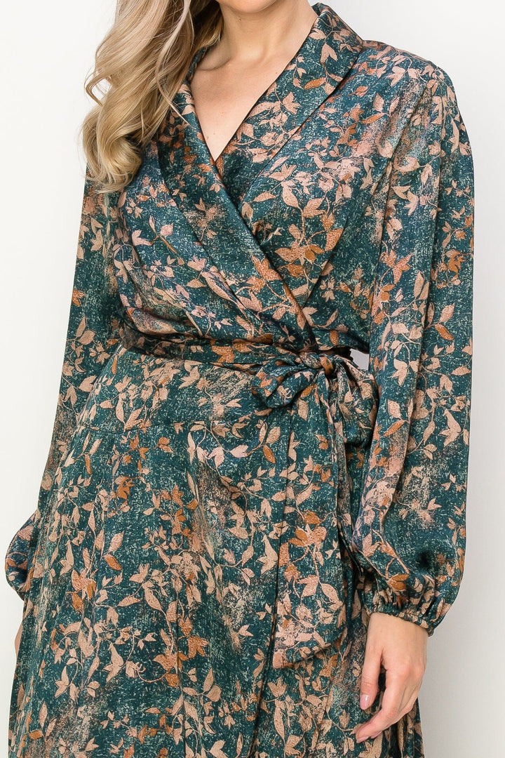 WOMEN'S LONG SLEEVE V-NECK SELF TIE LEAF PRINT WRAP MIDI DRESS