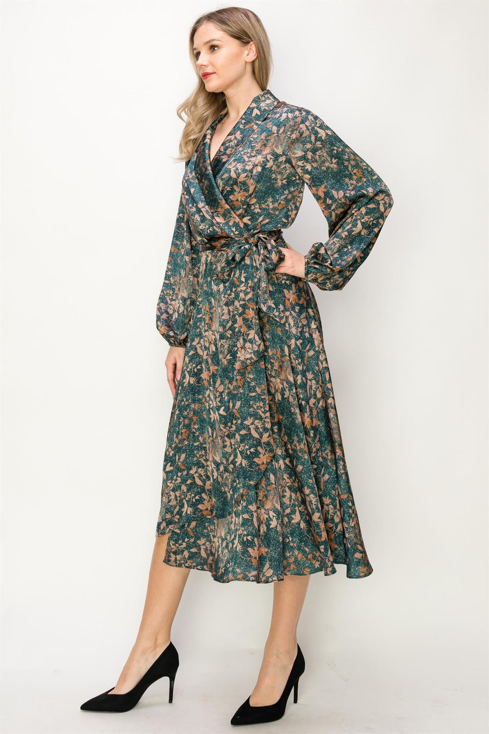 WOMEN'S LONG SLEEVE V-NECK SELF TIE LEAF PRINT WRAP MIDI DRESS