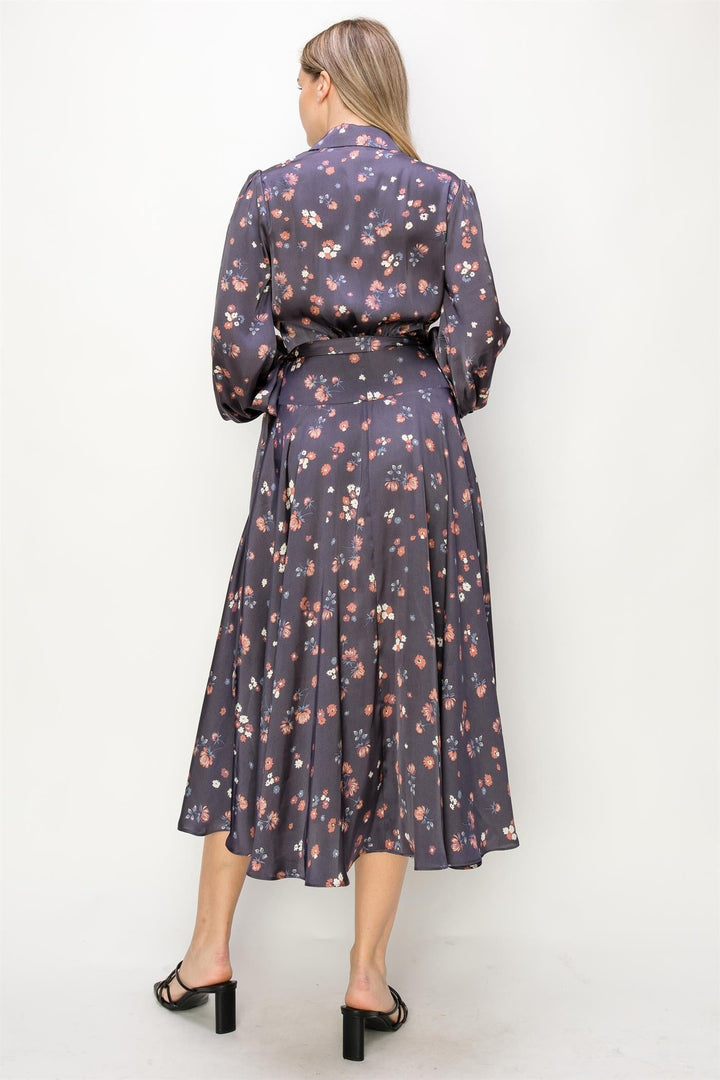 WOMEN'S LONG SLEEVE V-NECK SELF TIE FLORAL PRINT WRAP MIDI DRESS