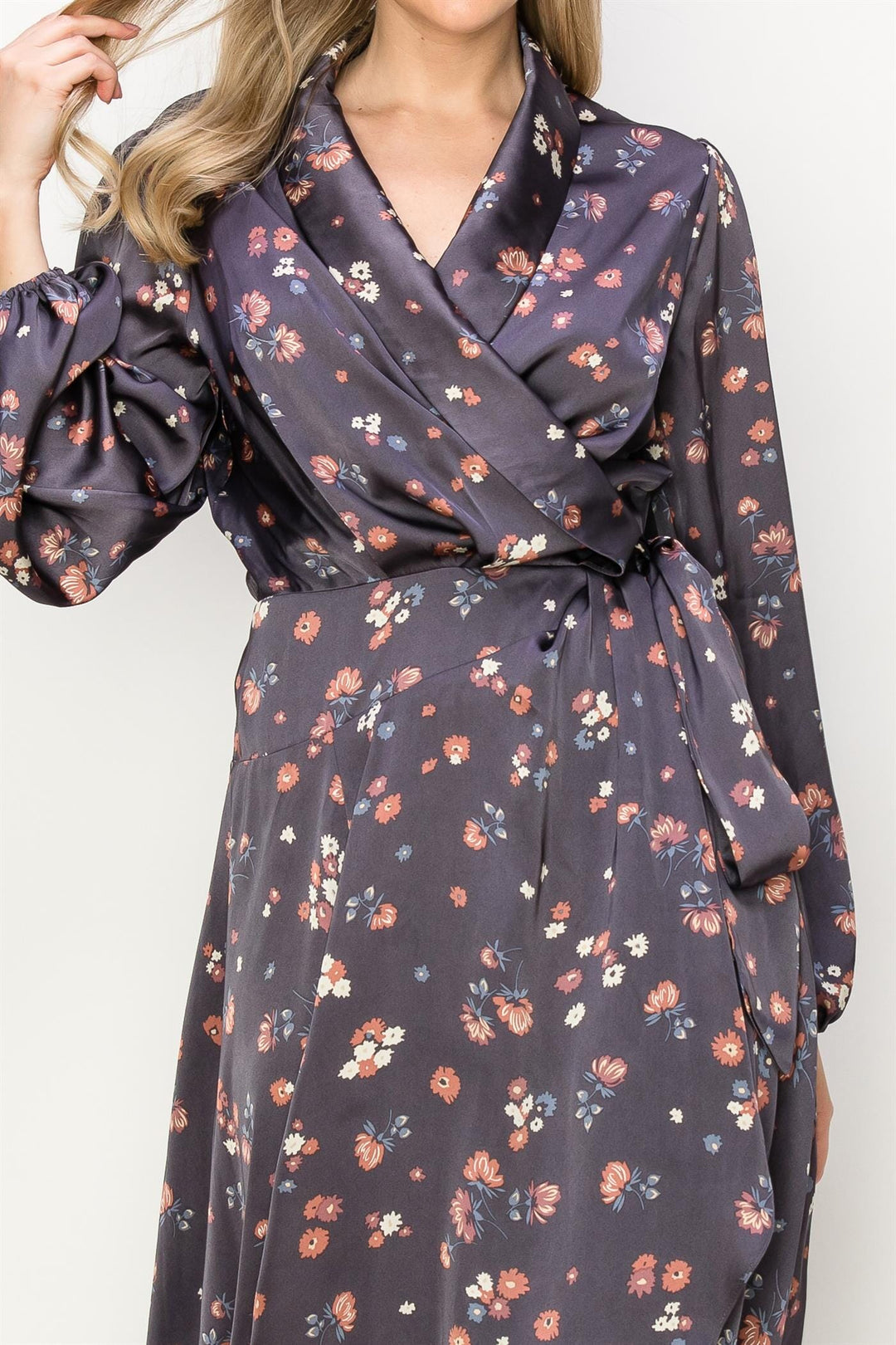 WOMEN'S LONG SLEEVE V-NECK SELF TIE FLORAL PRINT WRAP MIDI DRESS