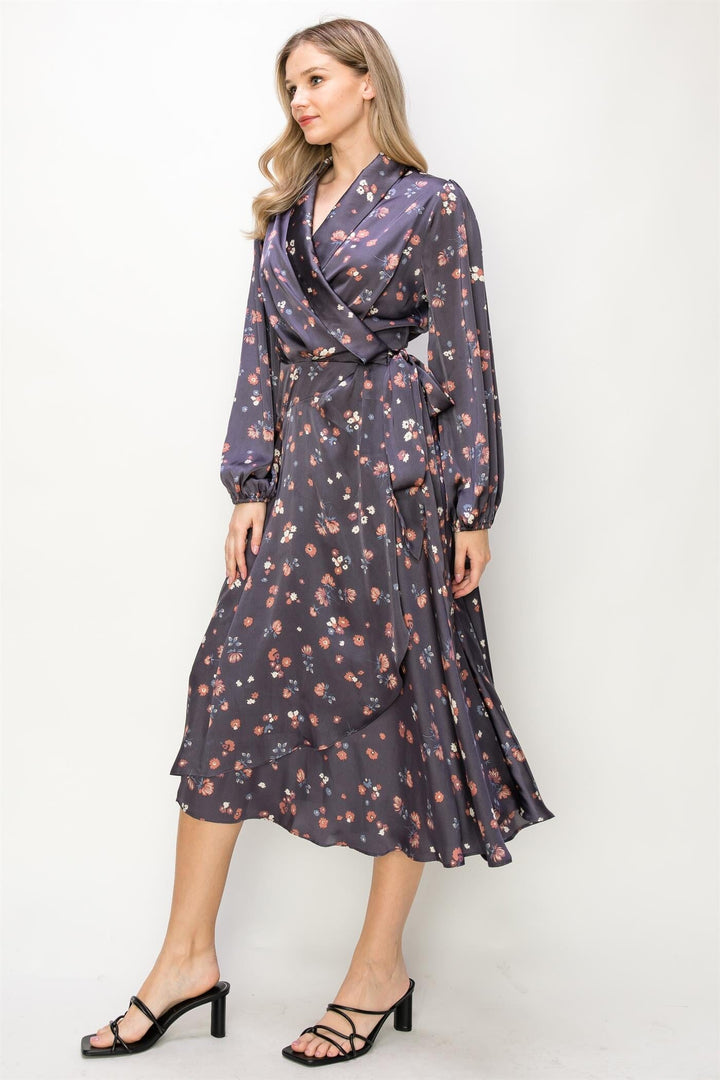WOMEN'S LONG SLEEVE V-NECK SELF TIE FLORAL PRINT WRAP MIDI DRESS