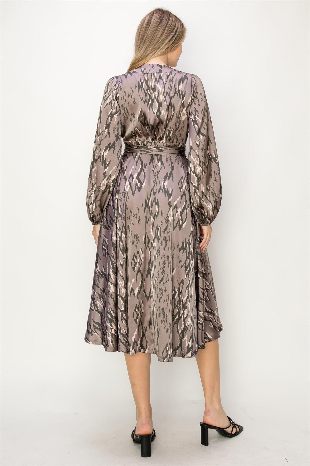 WOMEN'S LONG SLEEVE V-NECK SELF TIE ANIMAL PRINT WRAP MIDI DRESS