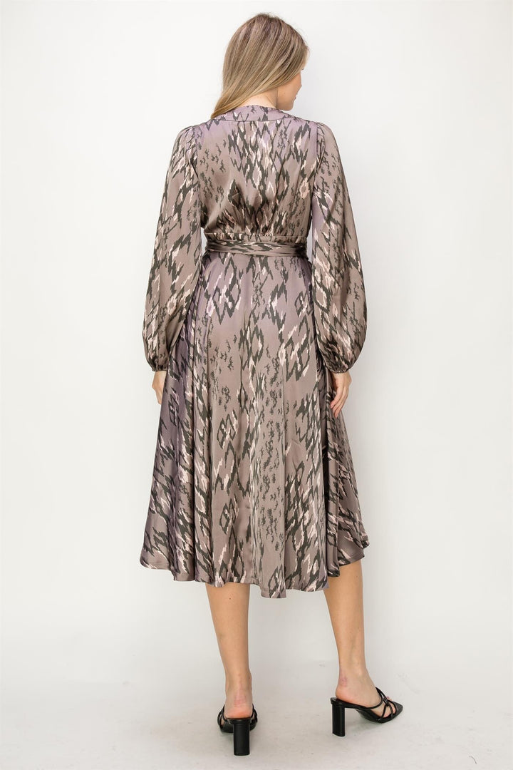 WOMEN'S LONG SLEEVE V-NECK SELF TIE ANIMAL PRINT WRAP MIDI DRESS