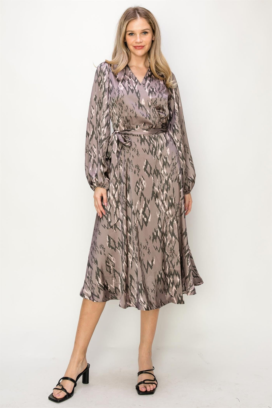 WOMEN'S LONG SLEEVE V-NECK SELF TIE ANIMAL PRINT WRAP MIDI DRESS