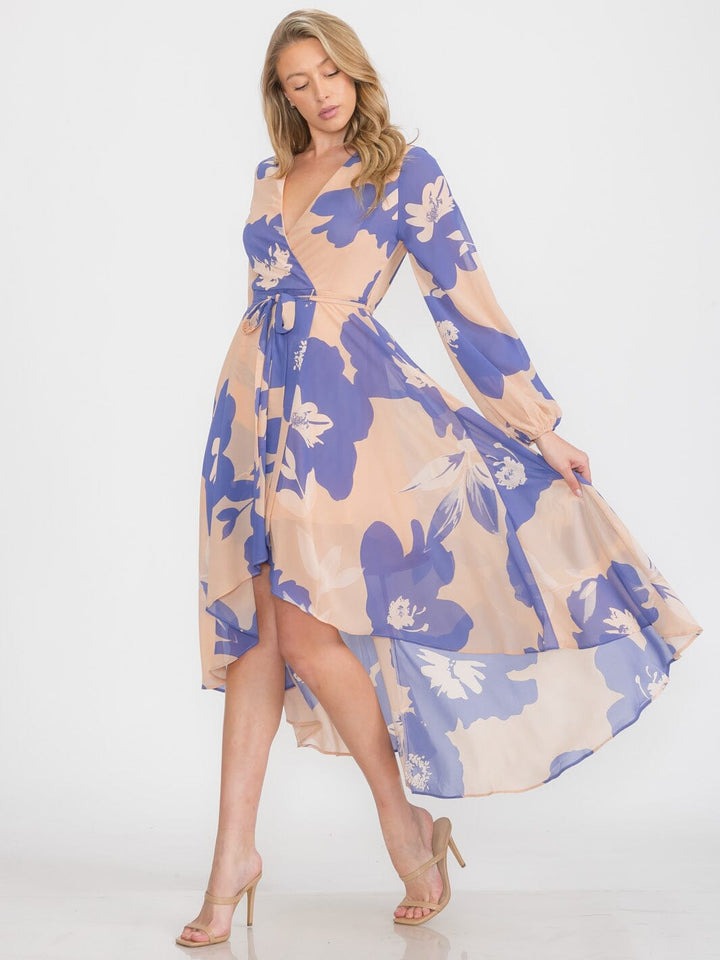 WOMEN'S LONG SLEEVE SELF TIE HIGH-LOW FLORAL PRINT SURPLICE MIDI DRESS