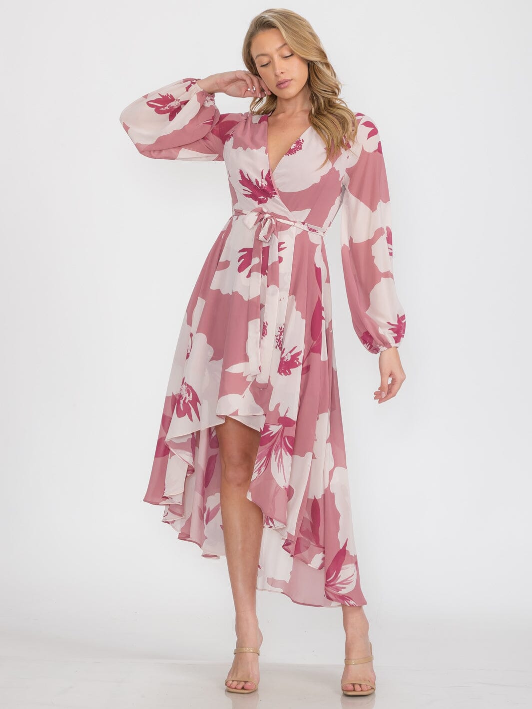 WOMEN'S LONG SLEEVE SELF TIE HIGH-LOW FLORAL PRINT SURPLICE MIDI DRESS