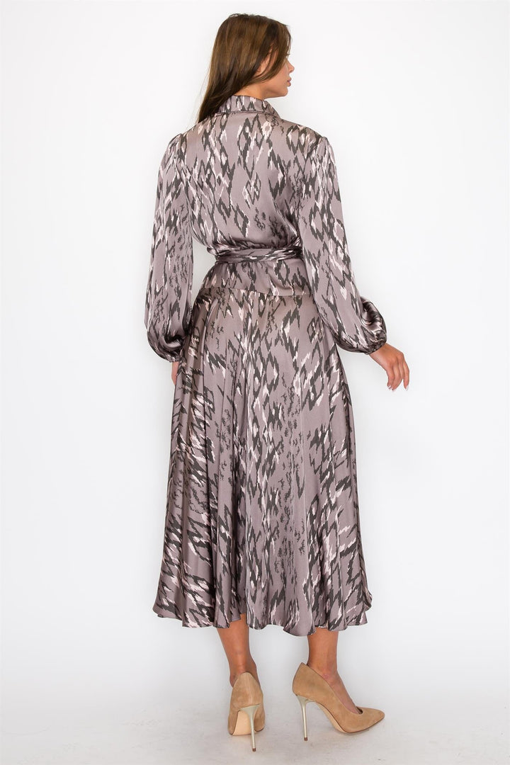 WOMEN'S LONG SLEEVE V-NECK SELF TIE ANIMAL PRINT WRAP MAXI DRESS