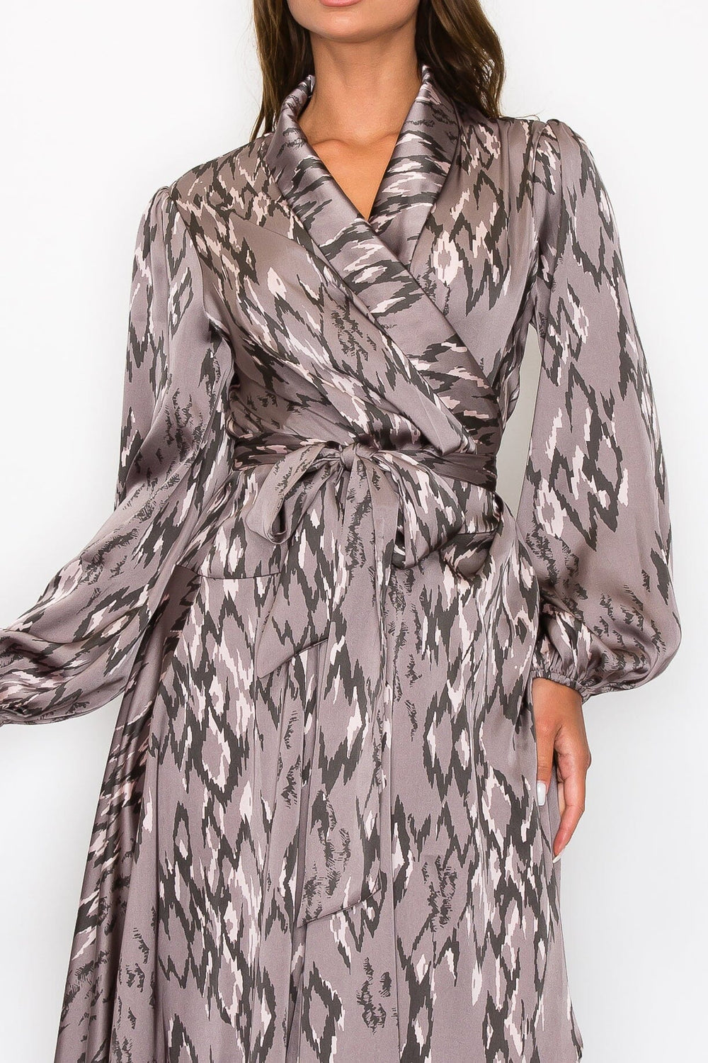 WOMEN'S LONG SLEEVE V-NECK SELF TIE ANIMAL PRINT WRAP MAXI DRESS