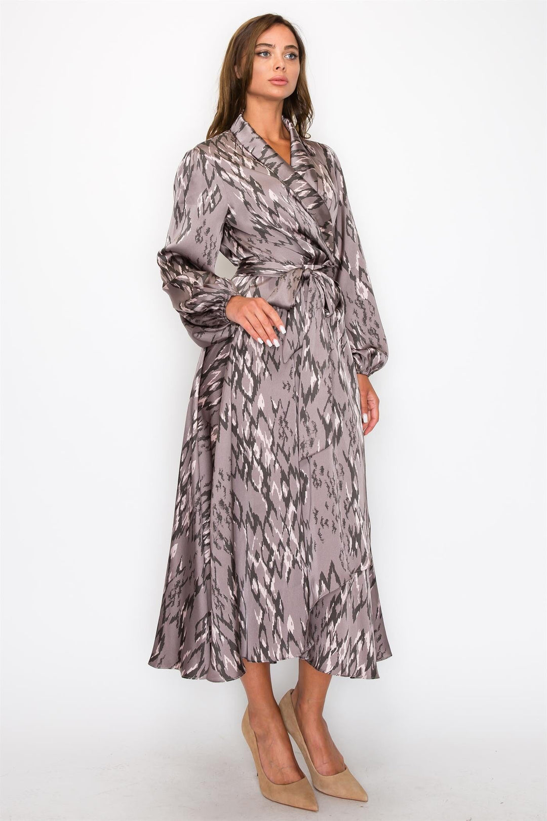 WOMEN'S LONG SLEEVE V-NECK SELF TIE ANIMAL PRINT WRAP MAXI DRESS