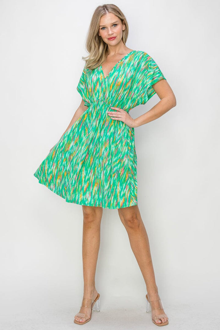 WOMEN'S SHORT SLEEVE V-NECK POCKETS ELASTIC WAIST SHORTS LINING MULTI PRINT MINI DRESS