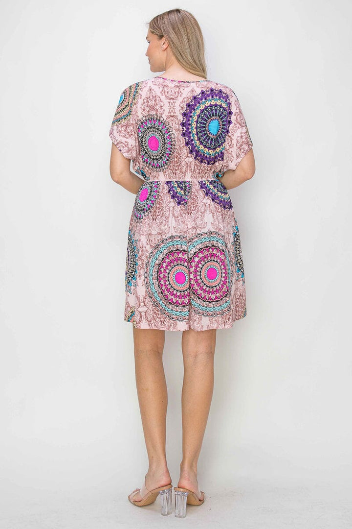 WOMEN'S SHORT SLEEVE V-NECK ELASTIC WAIST SHORTS LINING MULTI PRINT MINI DRESS
