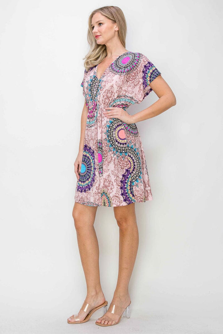 WOMEN'S SHORT SLEEVE V-NECK ELASTIC WAIST SHORTS LINING MULTI PRINT MINI DRESS