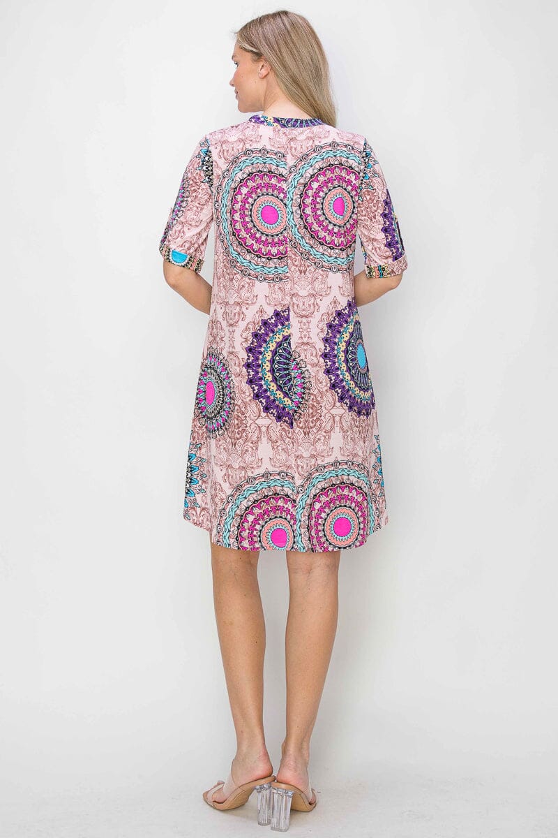 WOMEN'S SHORT SLEEVE V-NECK POCKETS MULTI PRINT TUNIC MINI DRESS