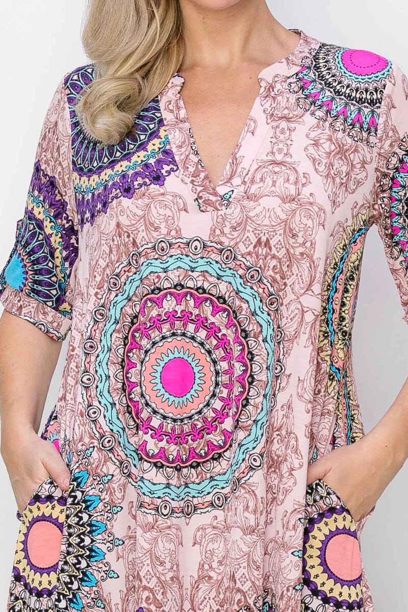 WOMEN'S SHORT SLEEVE V-NECK POCKETS MULTI PRINT TUNIC MINI DRESS