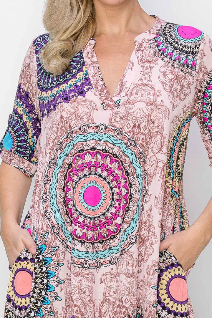 WOMEN'S SHORT SLEEVE V-NECK POCKETS MULTI PRINT TUNIC MINI DRESS