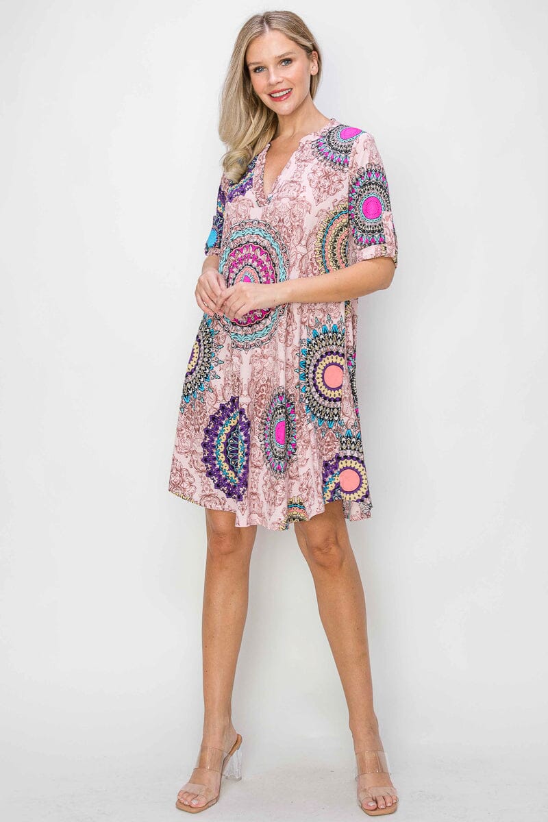 WOMEN'S SHORT SLEEVE V-NECK POCKETS MULTI PRINT TUNIC MINI DRESS