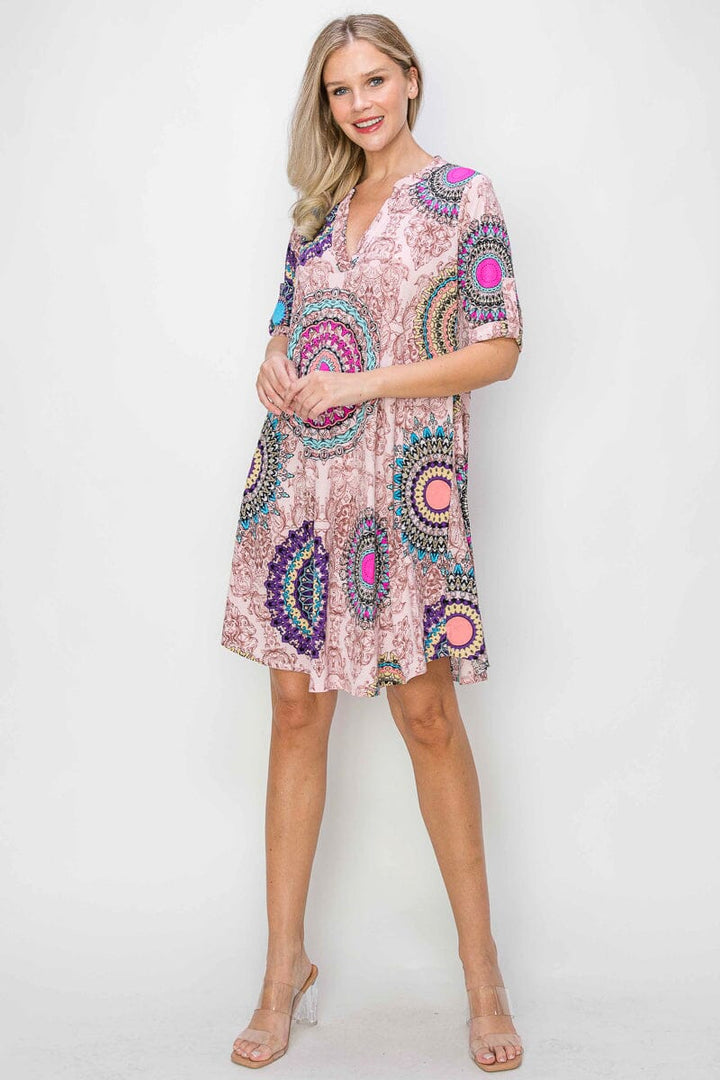 WOMEN'S SHORT SLEEVE V-NECK POCKETS MULTI PRINT TUNIC MINI DRESS