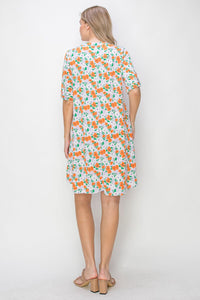 WOMEN'S SHORT SLEEVE V-NECK POCKETS FLORAL PRINT TUNIC MINI DRESS