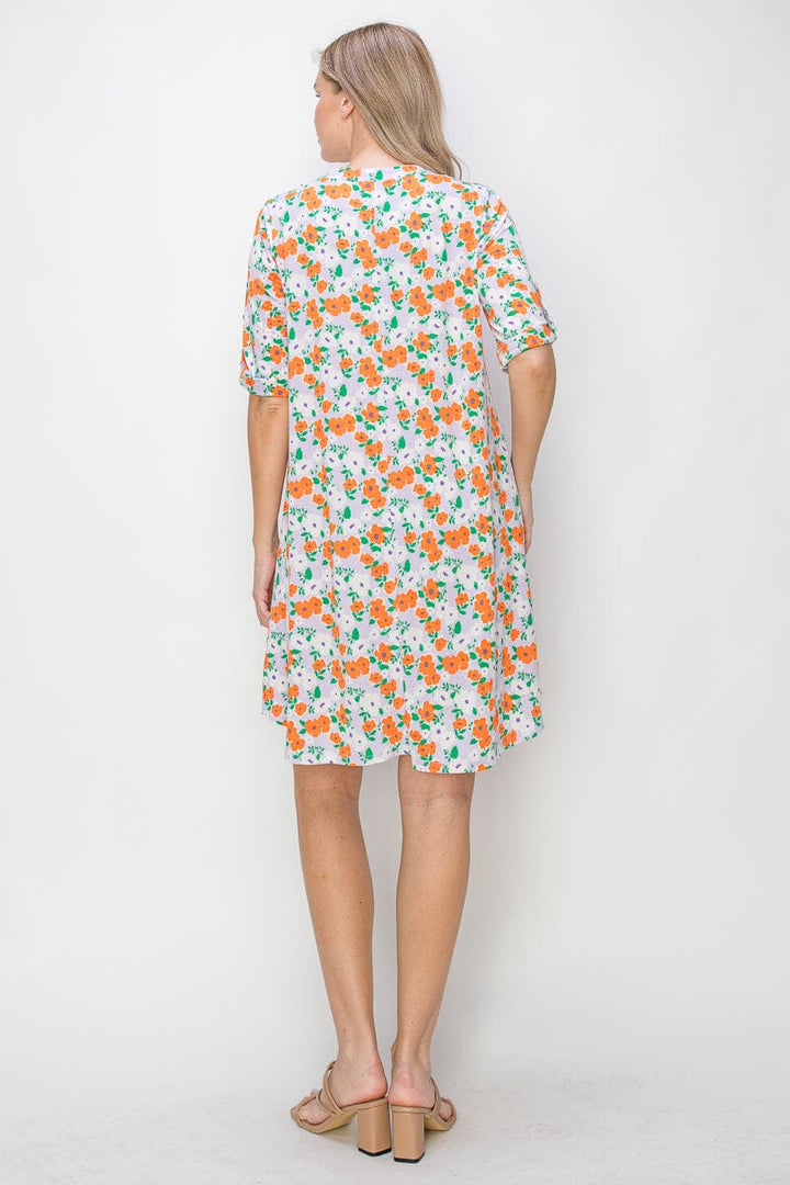 WOMEN'S SHORT SLEEVE V-NECK POCKETS FLORAL PRINT TUNIC MINI DRESS