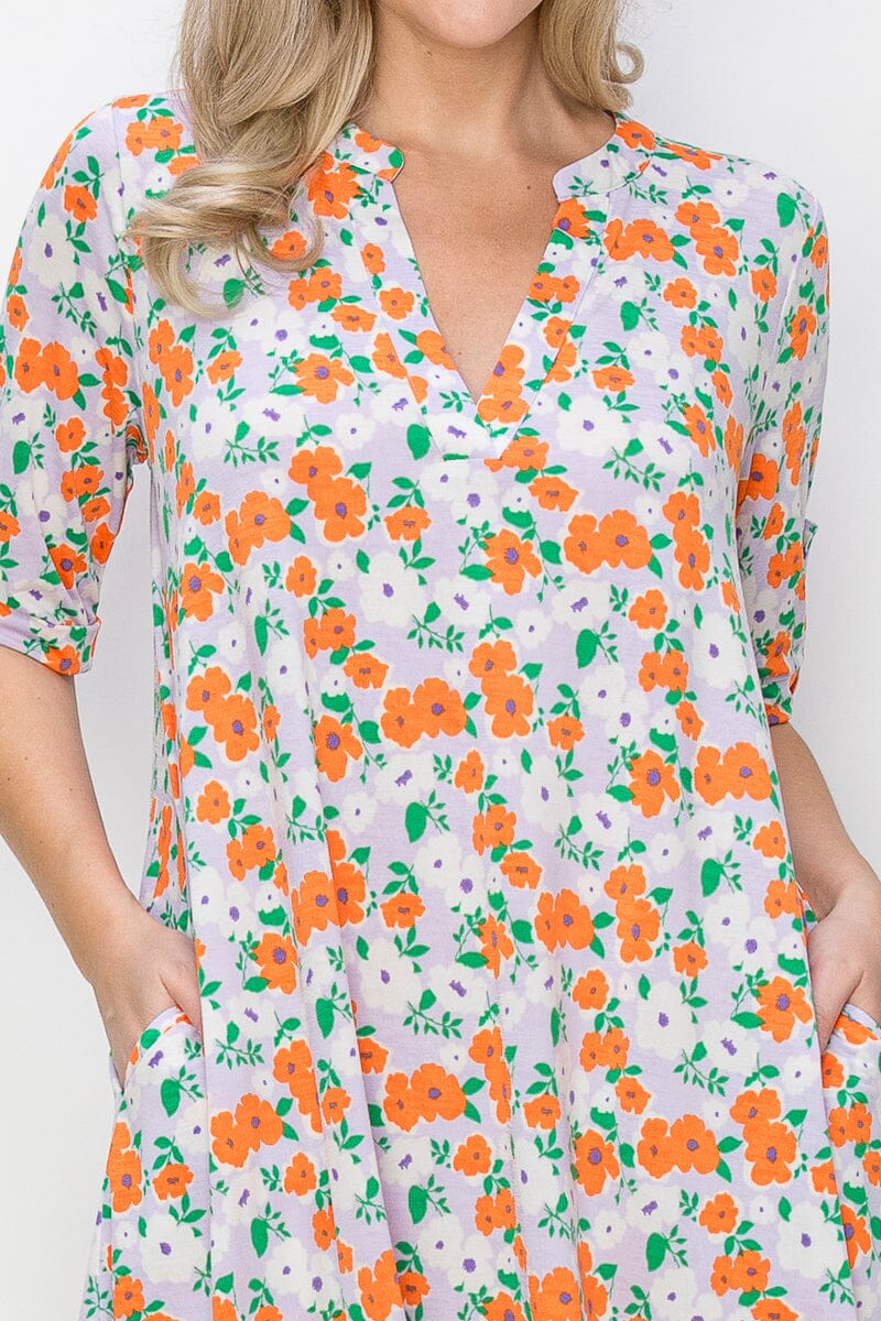 WOMEN'S SHORT SLEEVE V-NECK POCKETS FLORAL PRINT TUNIC MINI DRESS