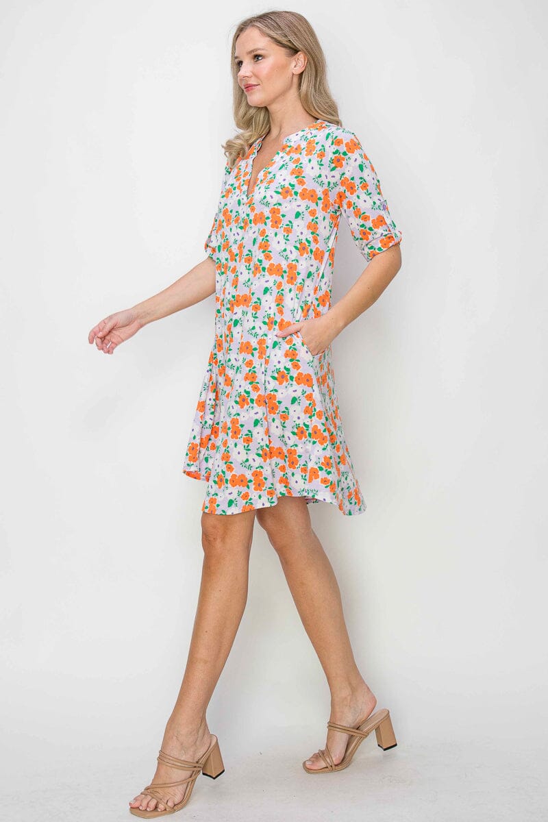 WOMEN'S SHORT SLEEVE V-NECK POCKETS FLORAL PRINT TUNIC MINI DRESS